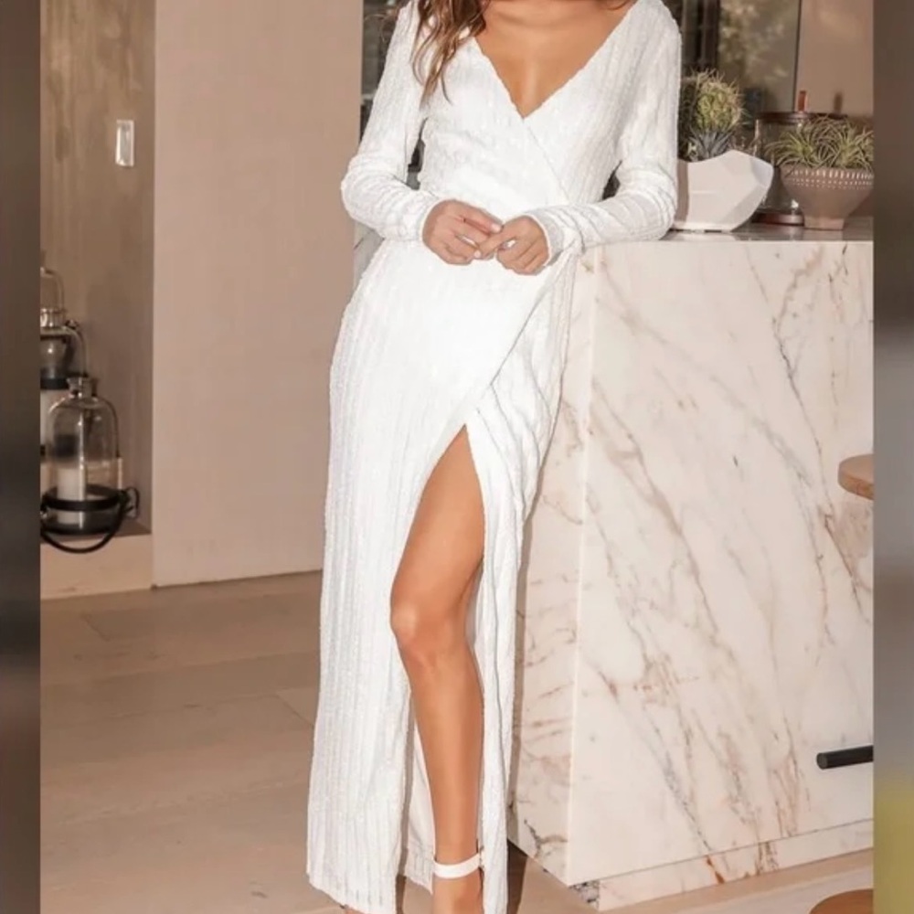 Lulu's Ivory Long Sleeve Wrap Maxi Dress with Front Slit